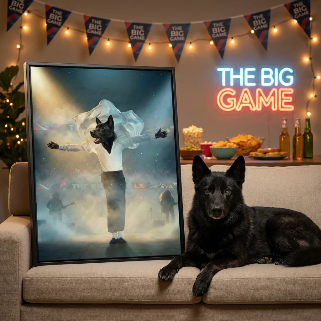 Framed portrait of a black dog dressed as a pop star performing on stage, displayed in a festive, party-themed living