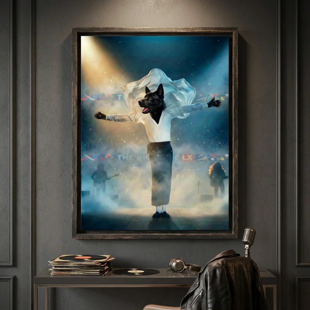 Framed wall art of a dog in a white shirt and black pants, mimicking a concert performance on a foggy