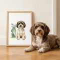 A framed watercolor print of a brown and white dog sitting by a golf bag, displayed in a room next