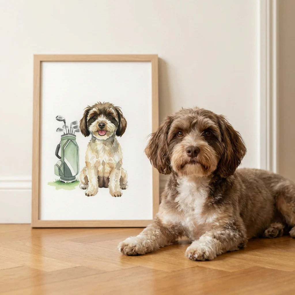 A framed watercolor print of a brown and white dog sitting by a golf bag, displayed in a room next