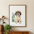 Framed watercolor portrait of a brown and white dog sitting beside a golf bag on a plain background.