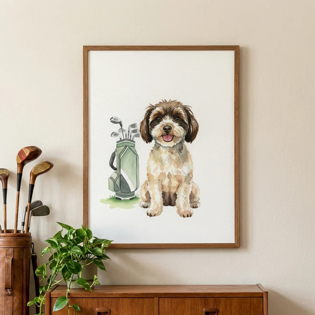 Framed watercolor portrait of a brown and white dog sitting beside a golf bag on a plain background.