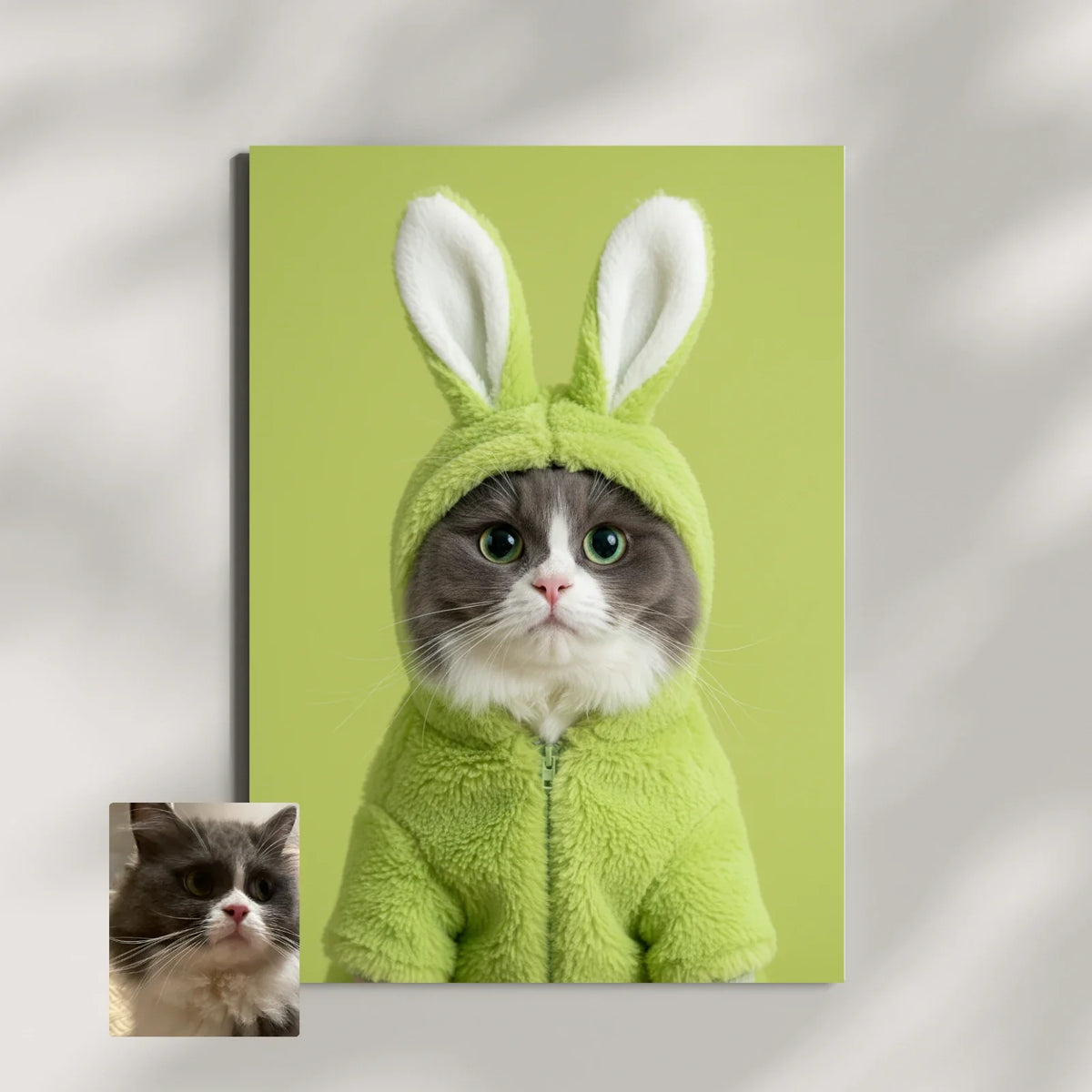 Framed print of a gray and white cat wearing a fuzzy mint-green bunny costume against a solid green background.
