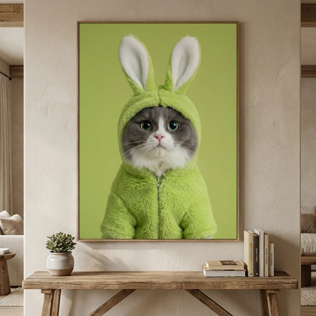 A framed, realistic portrait of a gray and white cat wearing a fuzzy mint-green bunny hoodie against a solid green