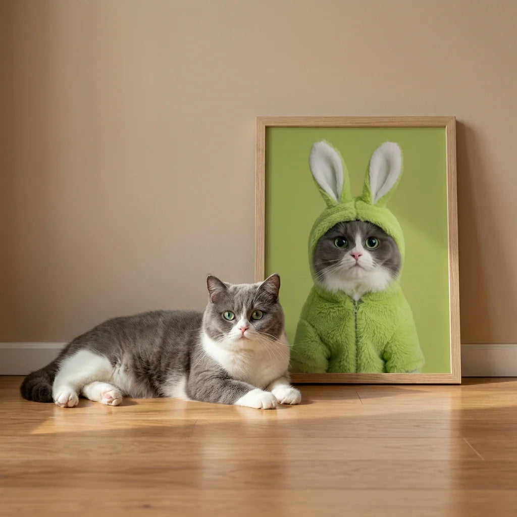 A framed custom portrait of a cat in a fuzzy green bunny-ear hoodie, displayed on a wooden floor next to