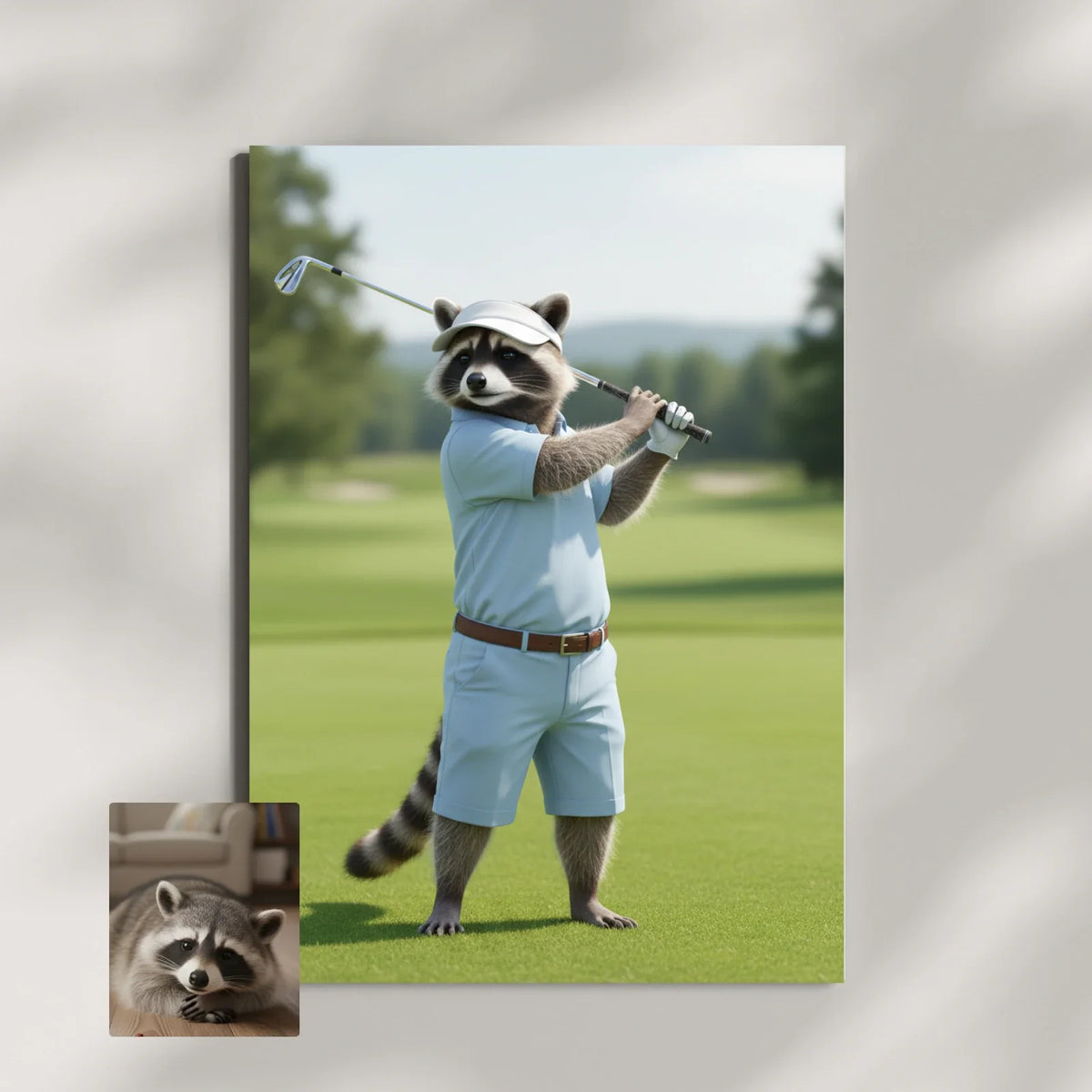 Framed print of a cute raccoon wearing a blue golf outfit, standing on a green golf course in a realistic