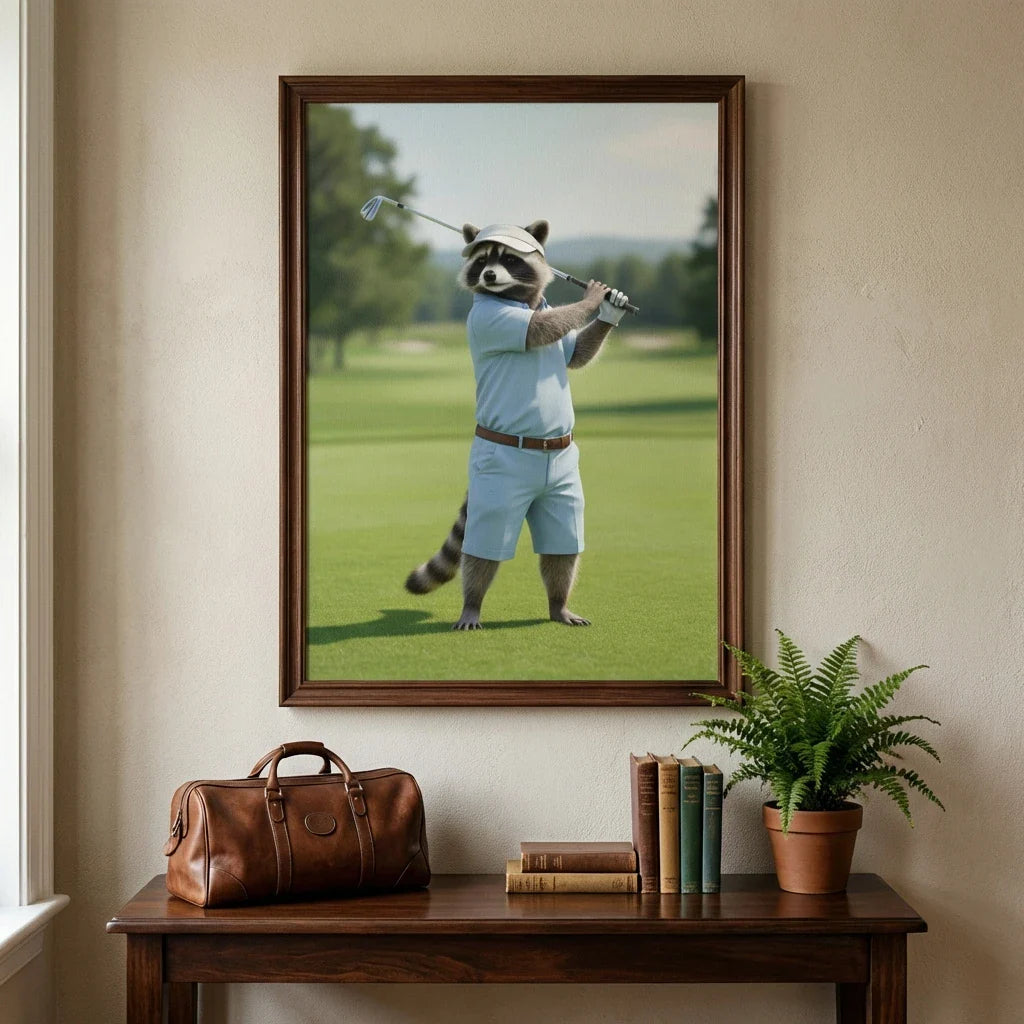 Framed wall art of a realistic, painterly portrait featuring a raccoon golfer wearing a blue polo and visor on a
