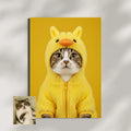 A custom portrait print of a tabby cat wearing a fuzzy yellow duck costume, set against a solid yellow background.