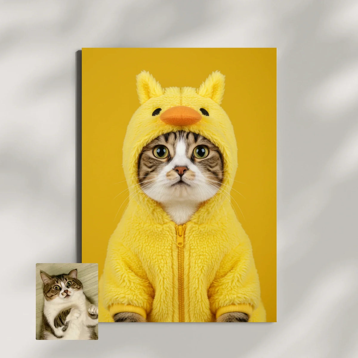 A custom portrait print of a tabby cat wearing a fuzzy yellow duck costume, set against a solid yellow background.