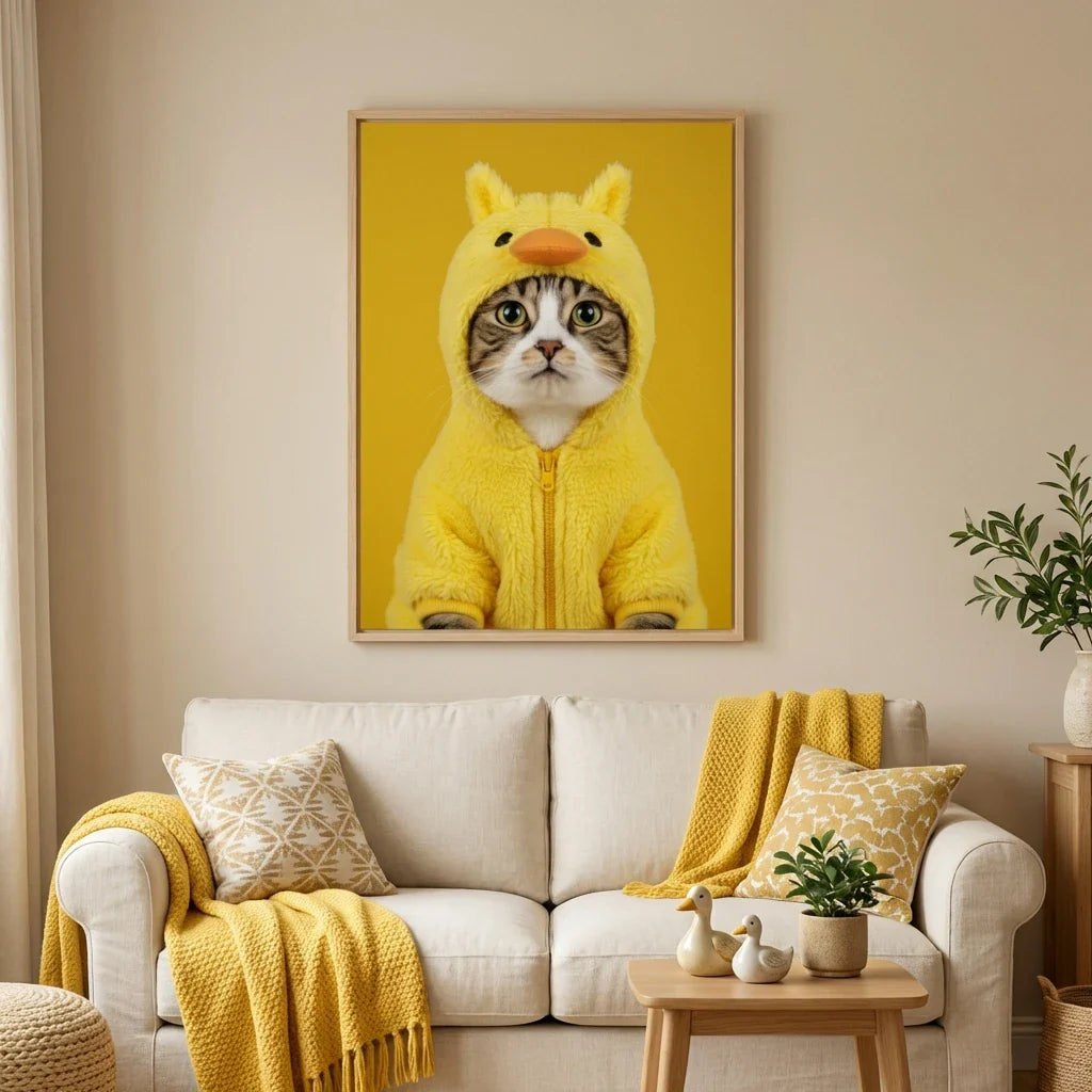 Framed print of a tabby cat in a fuzzy yellow duck hoodie against a vibrant yellow background, displayed on a