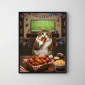 Framed print of a realistic oil-style portrait featuring a tabby cat enjoying chicken wings in a football-themed living room.