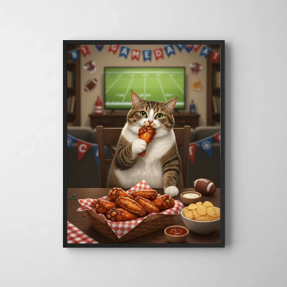 Framed print of a realistic oil-style portrait featuring a tabby cat enjoying chicken wings in a football-themed living room.