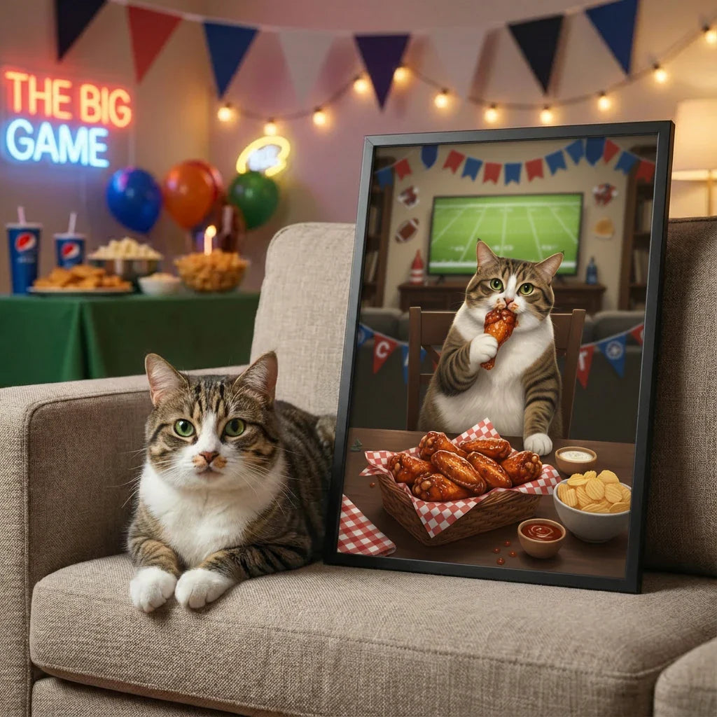 A framed print of a realistic, painterly portrait showing a tabby cat eating chicken wings in a festive game-day setting.
