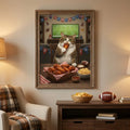 Framed print of a realistic oil painting featuring a tabby cat eating chicken wings in a festive game-day living room.