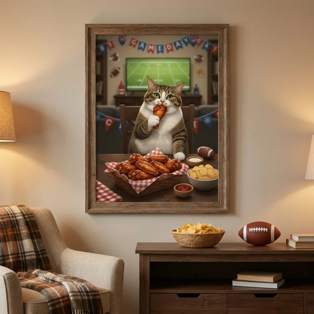 Framed print of a realistic oil painting featuring a tabby cat eating chicken wings in a festive game-day living room.